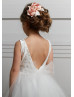 V Neck Beaded Ivory Embroidered Lace Tulle Flower Girl Dress